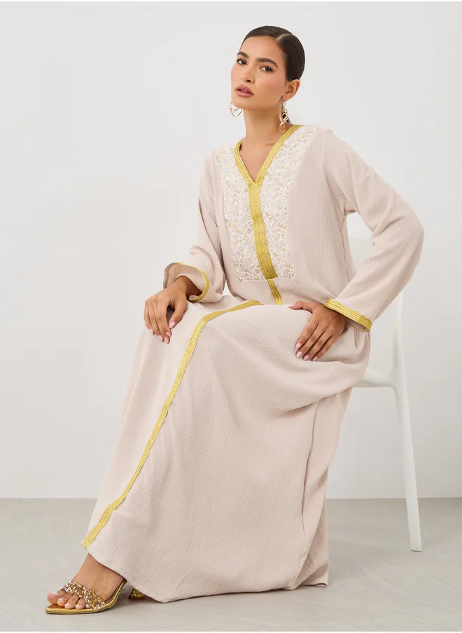 ستايلي Textured Embroidered A-Line Jalabiya with Lace Detail