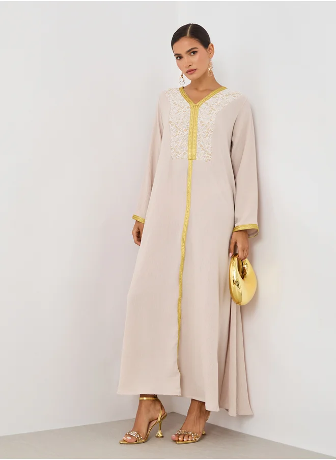 ستايلي Textured Embroidered A-Line Jalabiya with Lace Detail
