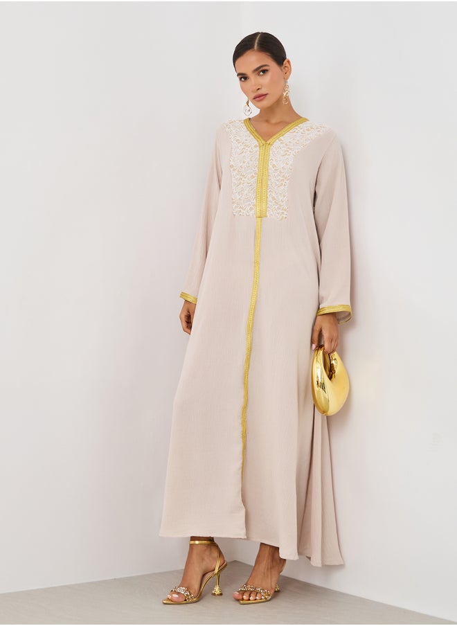Styli Textured Embroidered A-Line Jalabiya with Lace Detail  - Image 2