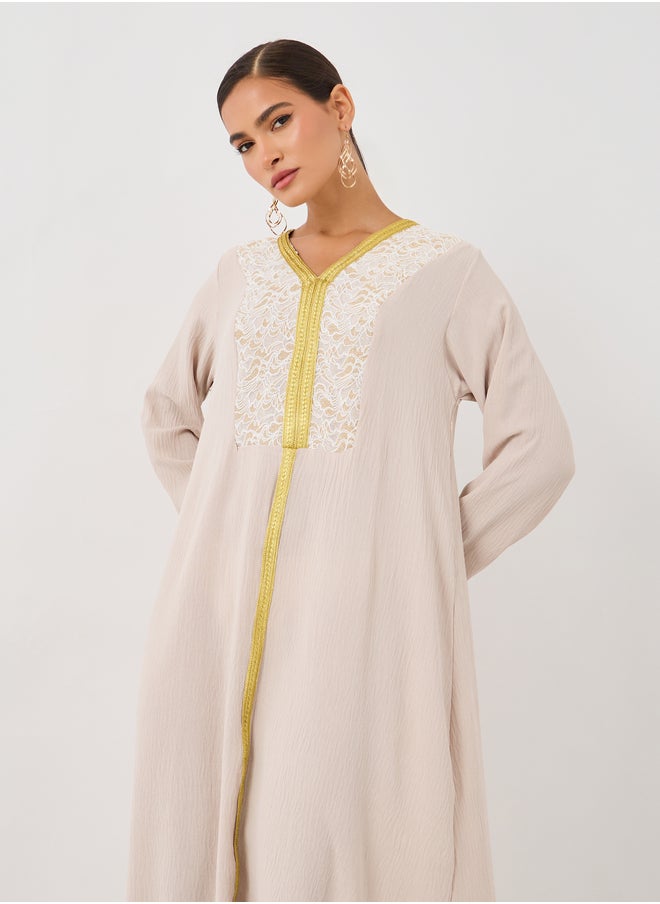Styli Textured Embroidered A-Line Jalabiya with Lace Detail  - Image 3
