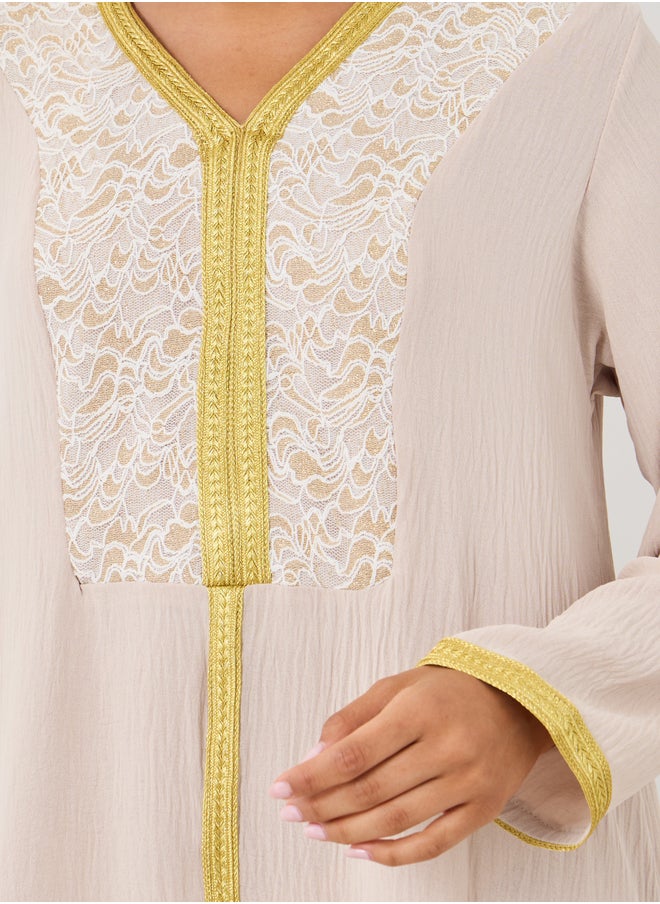 Styli Textured Embroidered A-Line Jalabiya with Lace Detail  - Image 4