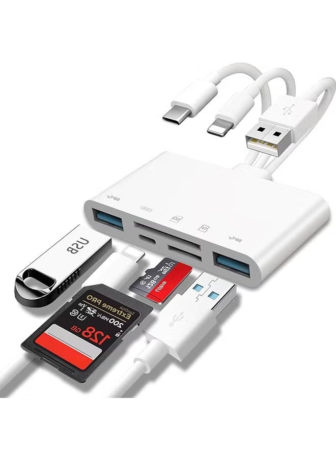 قارئ بطاقات 5 في 1، محول USB OTG وقارئ بطاقات SD لأجهزة iPhone وأجهزة USB C وUSB A، مع فتحات بطاقة Micro SD وSD، يدعم بطاقات SD/Micro SD/SDHC/SDXC/MMC. - Image 1