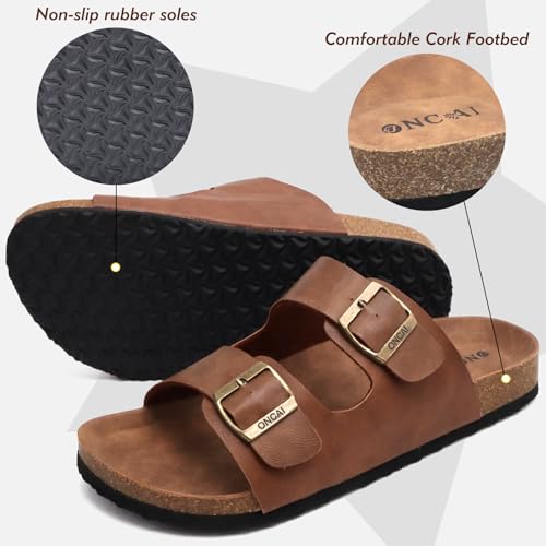 ONCAI Mens Sandals,Beach Arch Support Slides Cork Footbed Slippers with Adjustable Buckle Straps Khaki Size 9.5 - Image 3