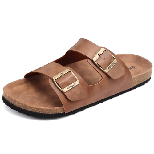 ONCAI Mens Sandals,Beach Arch Support Slides Cork Footbed Slippers with Adjustable Buckle Straps Khaki Size 9.5 - Image 1