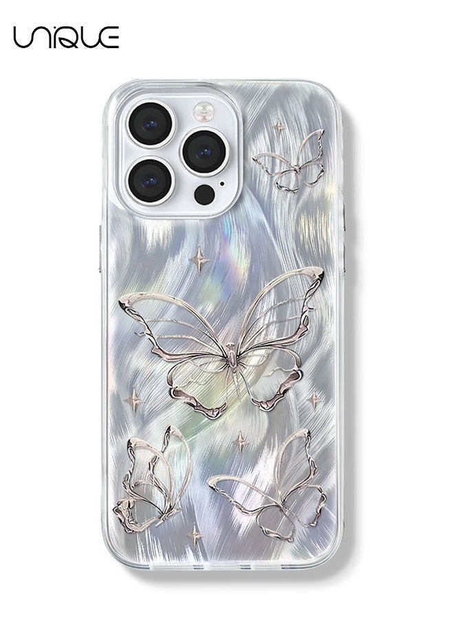 Unique Compact Case for iPhone 16 Pro Max Shiny Silver Butterfly Design,Cute Trendy Soft Slim TPU Shockproof Protective Phone Cases Cover for Women Girls Aesthetic Glitter - Image 1