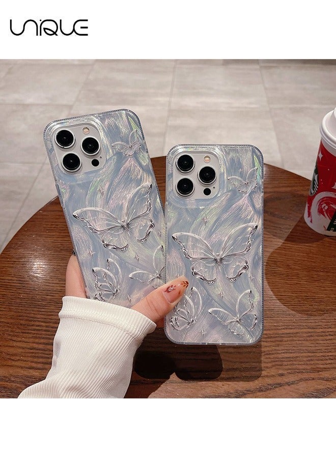 يونيك جراب مدمج ل iPhone 16 Pro Max تصميم فراشة فضي لامع ، غطاء لطيف عصري ناعم نحيف TPU مقاوم للصدمات غطاء الهاتف الواقي للنساء الفتيات الجمالية بريق - Image 5