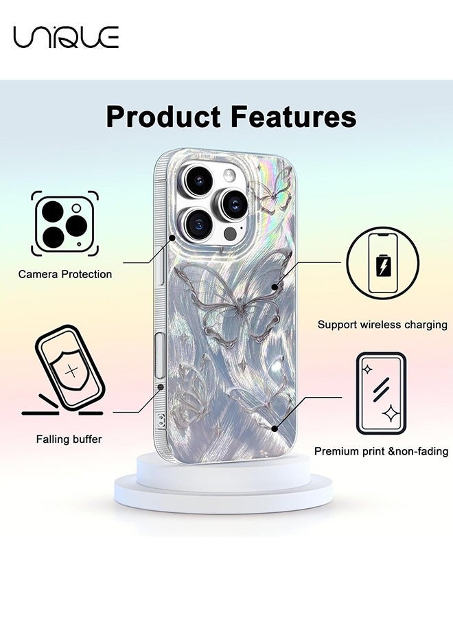 يونيك جراب مدمج ل iPhone 16 Pro Max تصميم فراشة فضي لامع ، غطاء لطيف عصري ناعم نحيف TPU مقاوم للصدمات غطاء الهاتف الواقي للنساء الفتيات الجمالية بريق - Image 4