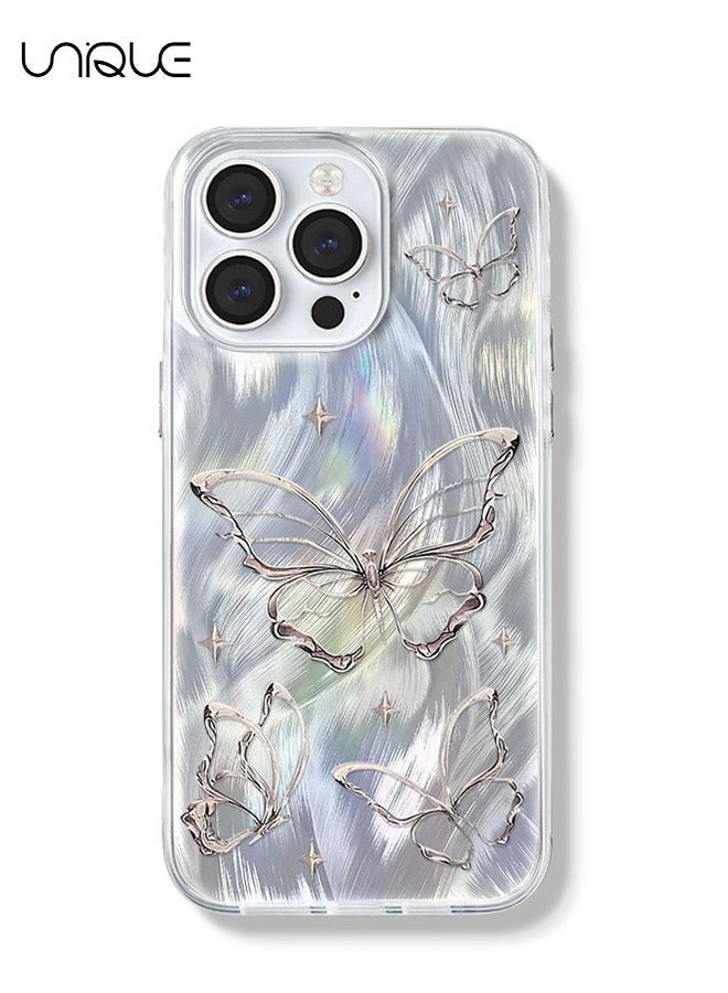 يونيك جراب مدمج ل iPhone 16 Pro Max تصميم فراشة فضي لامع ، غطاء لطيف عصري ناعم نحيف TPU مقاوم للصدمات غطاء الهاتف الواقي للنساء الفتيات الجمالية بريق - Image 1