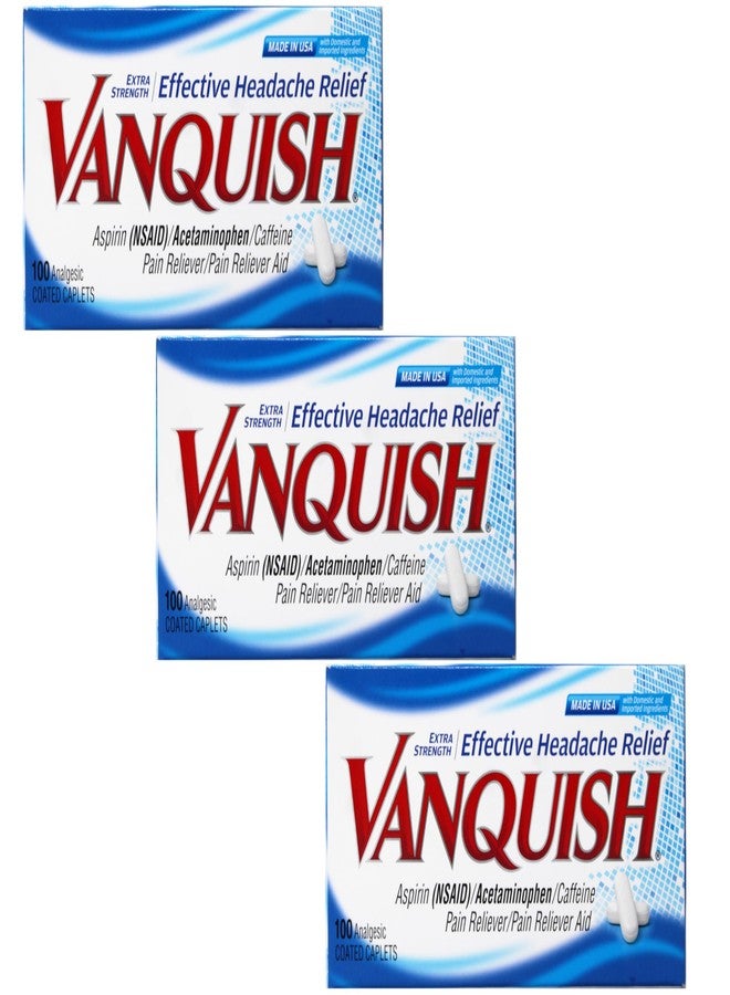 Vanquish Effective Headache Relief – Aspirin (NSAID, Acetaminophen, Caffeine, 100 Analgesic Coated Caplets - 3 Pack - Image 1