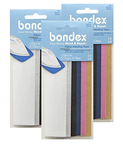 Bondex Mend and Repair with No Sew Iron-On Patch Fabric Mending Tape 1.25x7" (3.175cm x 17.78cm) White, Beige, Black, Navy, Pink, Tan (6pc) (3pk) - Image 1