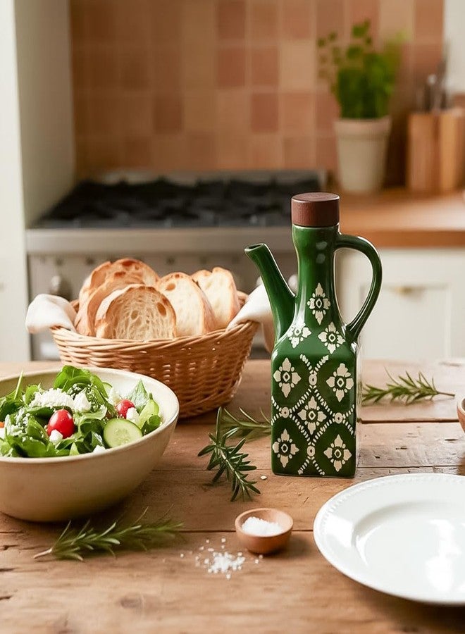 Gnlnkn Green Ceramic Olive Oil Dispenser Bottle 8.5 oz - Decanter for Kitchen with Handle & Wooden Stopper, Decorative Oil and Vinegar Dispenser Set, Cooking Oil Container Cruet for Olive, Avocado, Vinegar - Image 3