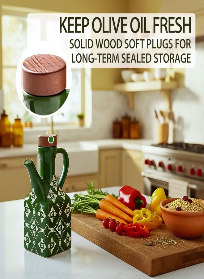 Gnlnkn Green Ceramic Olive Oil Dispenser Bottle 8.5 oz - Decanter for Kitchen with Handle & Wooden Stopper, Decorative Oil and Vinegar Dispenser Set, Cooking Oil Container Cruet for Olive, Avocado, Vinegar - Image 5