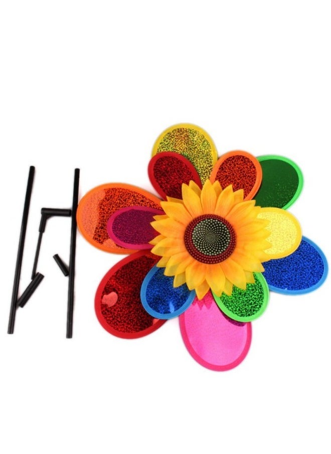 null - Children's Sequined Windmill Handheld Colorful Laser Sunflower Windmill Decoration Kindergarten Toy Performance Props Stall-Specifications:24cm Wooden Windmill - Image 1