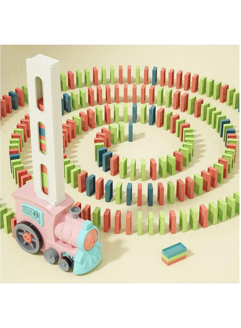 Hihonor Kids Games Domino Train Toys: 120PCS Automatic Stacking Creative Game 3+ Year Old - Stem Montessori Toy for Boys 4-6 - Summer Autistic Birthday Gifts 5 6 Toddler Girls Ages 4-8, Pink - Image 1