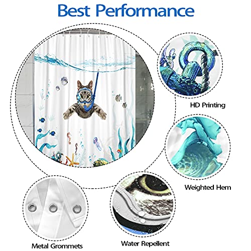 Fowocu Funny Cat Shower Curtain Set Teal Blue Sea Ocean Waterproof Fabric Shower Curtains with Animal Octopus Starfish Turtle Anchor Fish Nautical Bathroom Decor (Blue, 72''×72'') - Image 5