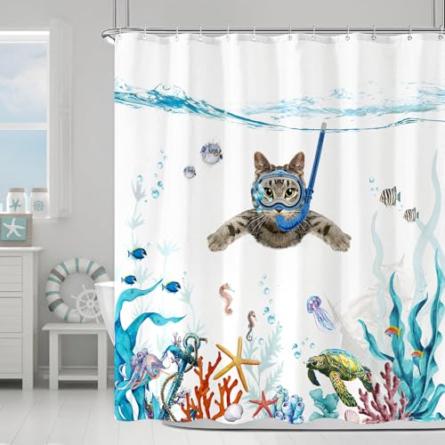 Fowocu Funny Cat Shower Curtain Set Teal Blue Sea Ocean Waterproof Fabric Shower Curtains with Animal Octopus Starfish Turtle Anchor Fish Nautical Bathroom Decor (Blue, 72''×72'') - Image 4