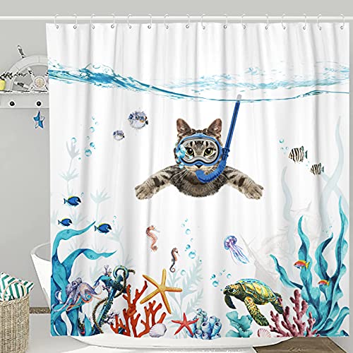 Fowocu Funny Cat Shower Curtain Set Teal Blue Sea Ocean Waterproof Fabric Shower Curtains with Animal Octopus Starfish Turtle Anchor Fish Nautical Bathroom Decor (Blue, 72''×72'') - Image 1