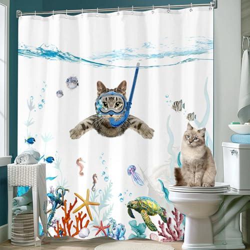 Fowocu Funny Cat Shower Curtain Set Teal Blue Sea Ocean Waterproof Fabric Shower Curtains with Animal Octopus Starfish Turtle Anchor Fish Nautical Bathroom Decor (Blue, 72''×72'') - Image 3