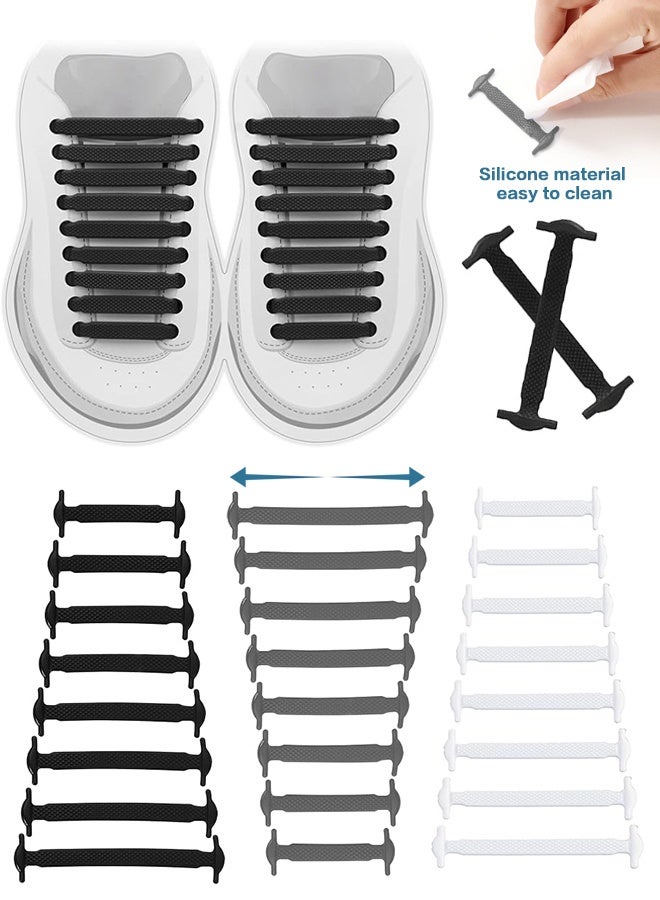 Sweet Life 3Pairs Silicone Lazy Shoelaces, Elastic No Tie Shoe Lace for Kids and Adults, One Size Stretchy Rubber Flat Shoe Ties for Sneakers Unisex (Black, White, Grey) - Image 1