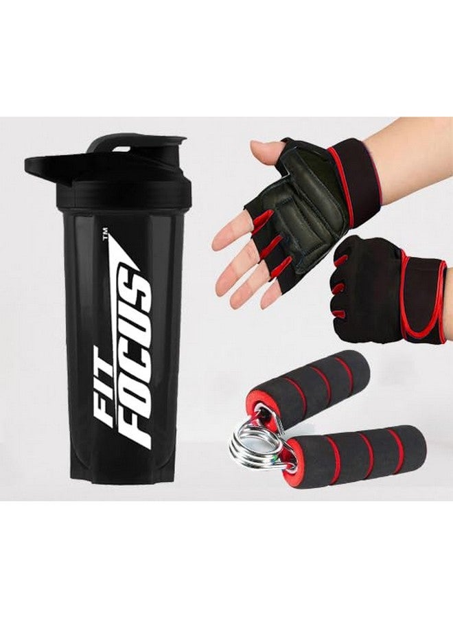 FIT FOCUS Pack of 3 Combo for Gym Shaker Bottle with Gym Gloves and Mini Gripper || Shaker Bottle 700 ml || Gym Support Gloves l Gripper for Fitness | Protein Shaker | Wrist Support Gloves Men and Women (Red) - Image 1