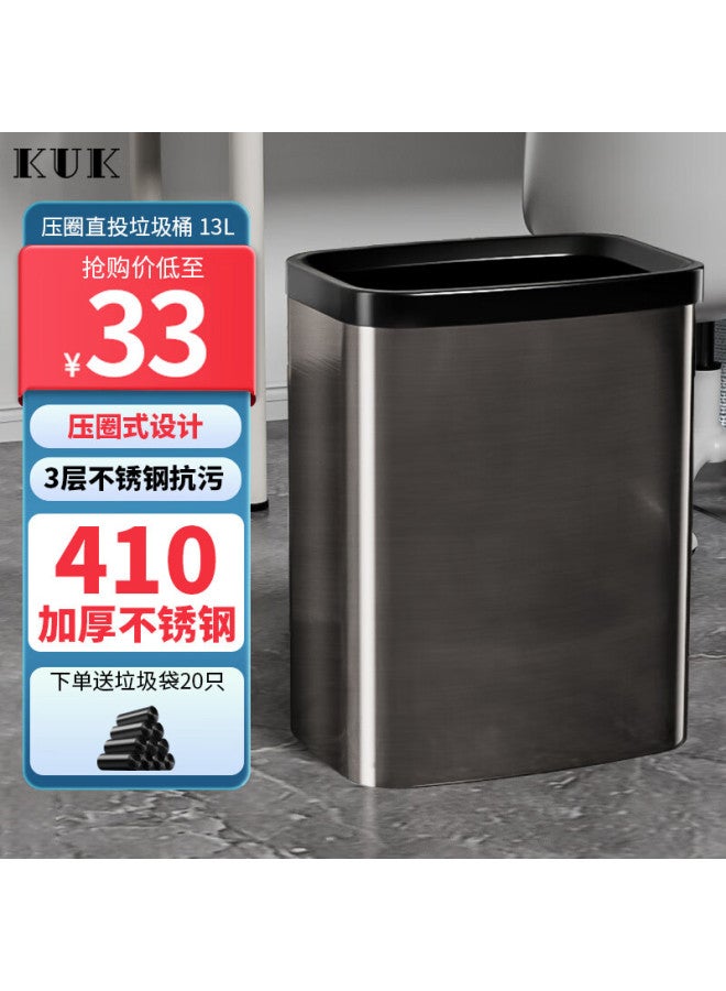 Kuk Stainless Steel Trash Can For Living Room Kitchen Bathroom Household Toilet Large Trash Bin Waste Basket 13l Black Titanium Color - Image 1