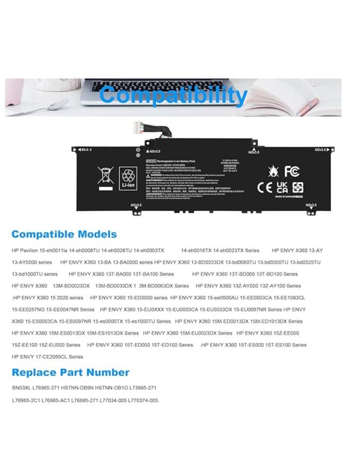 Terabyte Replacement 51Wh 11.55V BN03XL Laptop Battery for HP Envy X360 13-AY 13-AY0000 15 2020 Series HP Pavilion 15-eh0011la 14-eh0008TU 14-eh0028TU 14-eh0003TX BN03XL L76 9965-2971 HSTNN-DB9N HSTNN-OB10 - Image 3