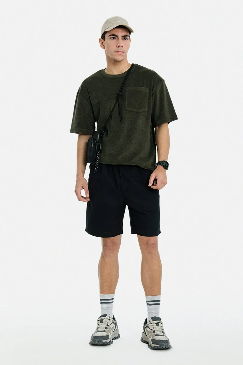 سنيتش Olive Green Textured Half Sleeve Oversized Streetwear T-Shirt