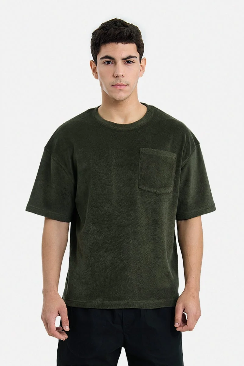 سنيتش Olive Green Textured Half Sleeve Oversized Streetwear T-Shirt