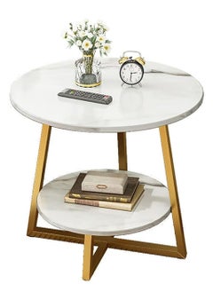 Generic Round Coffee Table, Double Layer Sofa Side Table End Table, Imitation Marble Coffee Round Table Snack Table Bedside Table Nightstand with 2 Layer Storage for Living Room Small Space (Gol  - Image 1