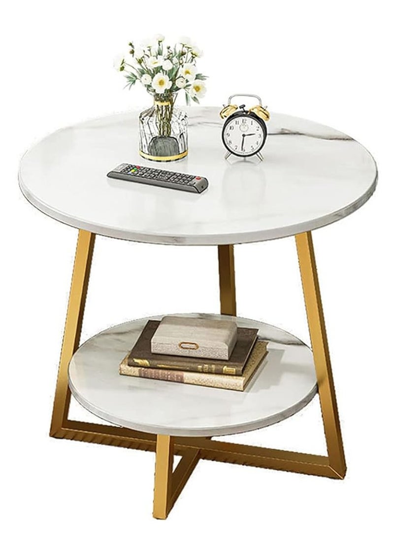 Generic - Round Coffee Table, Double Layer Sofa Side Table End Table, Imitation Marble Coffee Round Table Snack Table Bedside Table Nightstand with 2 Layer Storage for Living Room Small Space (Gol - Image 1