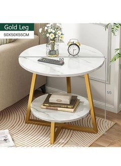 Generic Round Coffee Table, Double Layer Sofa Side Table End Table, Imitation Marble Coffee Round Table Snack Table Bedside Table Nightstand with 2 Layer Storage for Living Room Small Space (Gol  - Image 2