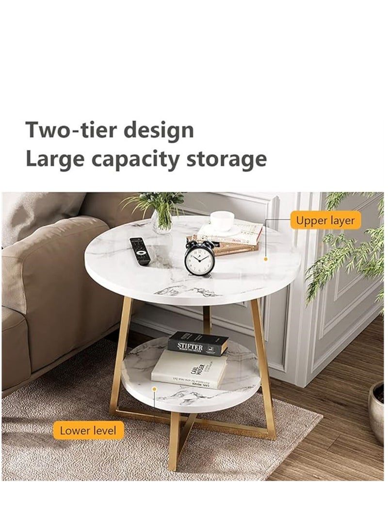 Generic - Round Coffee Table, Double Layer Sofa Side Table End Table, Imitation Marble Coffee Round Table Snack Table Bedside Table Nightstand with 2 Layer Storage for Living Room Small Space (Gol - Image 1