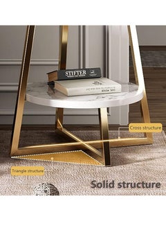 Generic Round Coffee Table, Double Layer Sofa Side Table End Table, Imitation Marble Coffee Round Table Snack Table Bedside Table Nightstand with 2 Layer Storage for Living Room Small Space (Gol  - Image 4