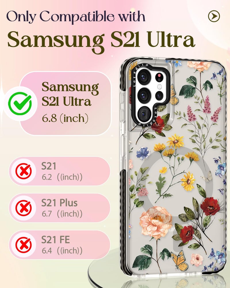 Lotadilo Cute Case for Samsung Galaxy S21 Ultra for Women Girls - Funny Design Compatible with Magsafe Magnetic Ring Holder Kickstand Art Retro Flower Fashion Pattern TPU Phone Covers - Image 2