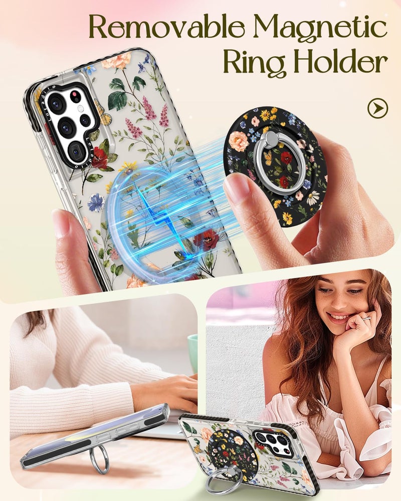 Lotadilo Cute Case for Samsung Galaxy S21 Ultra for Women Girls - Funny Design Compatible with Magsafe Magnetic Ring Holder Kickstand Art Retro Flower Fashion Pattern TPU Phone Covers - Image 4