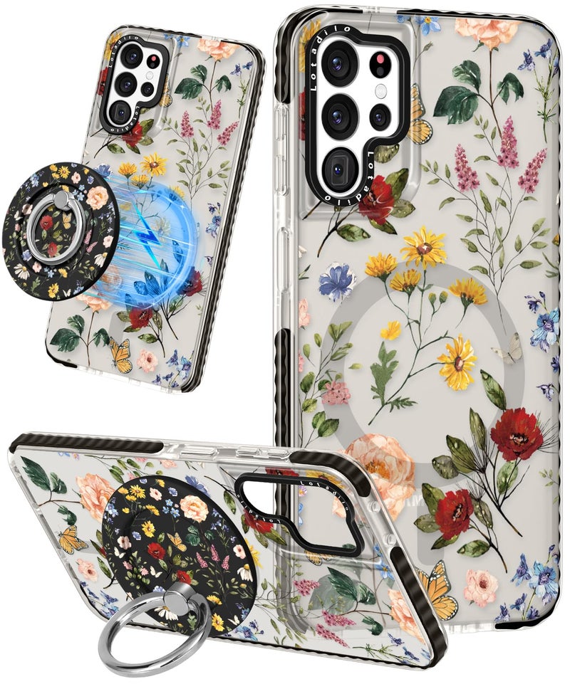 Lotadilo Cute Case for Samsung Galaxy S21 Ultra for Women Girls - Funny Design Compatible with Magsafe Magnetic Ring Holder Kickstand Art Retro Flower Fashion Pattern TPU Phone Covers - Image 1