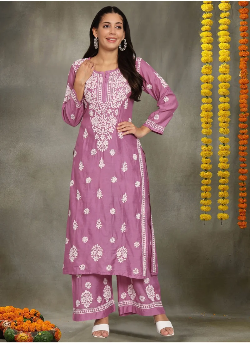 Alaya Hand Embroidered Chikan Chanderi Straight Kurta Palazzos-AL3671KS