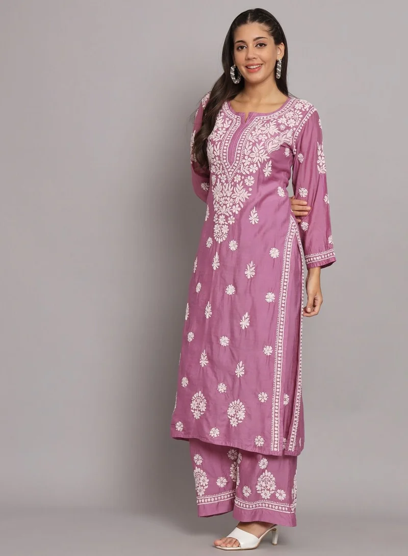 Alaya Hand Embroidered Chikan Chanderi Straight Kurta Palazzos-AL3671KS