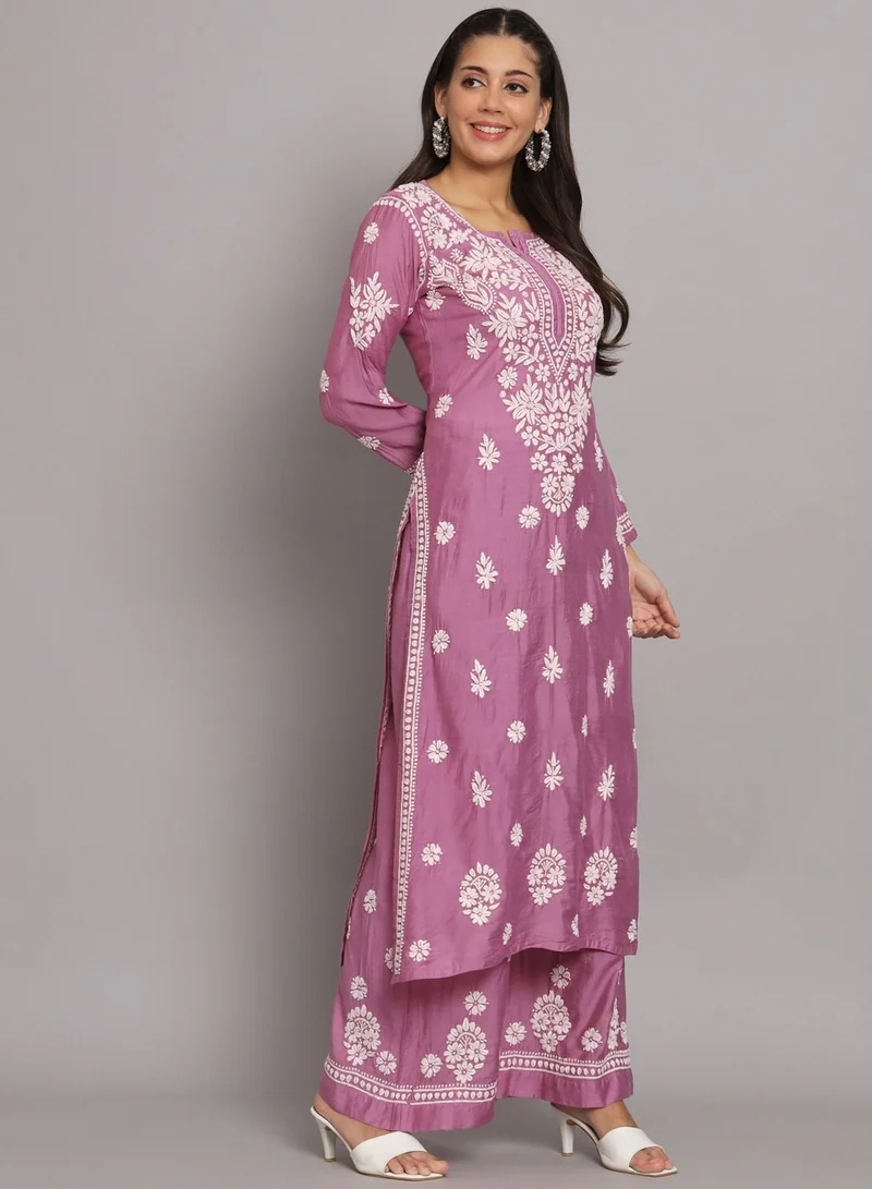 Alaya Hand Embroidered Chikan Chanderi Straight Kurta Palazzos-AL3671KS