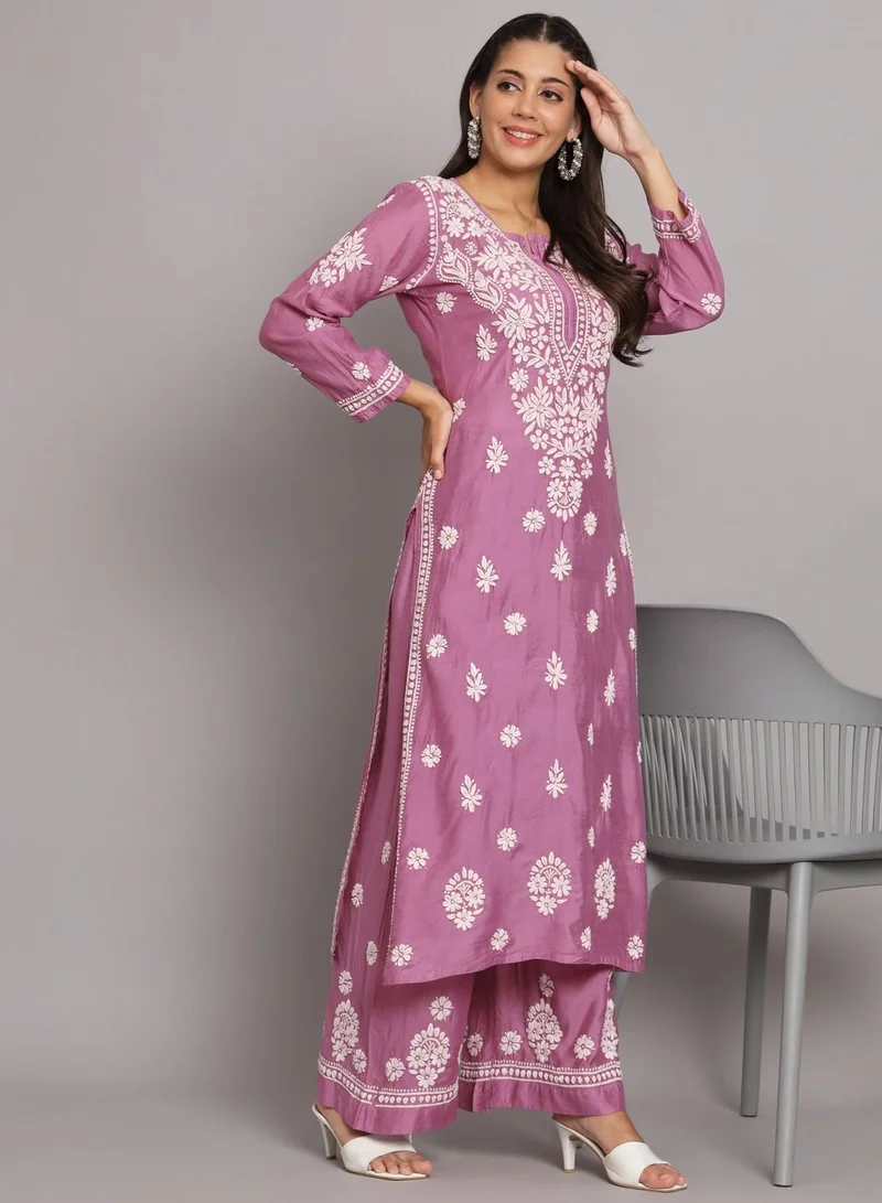 Alaya Hand Embroidered Chikan Chanderi Straight Kurta Palazzos-AL3671KS