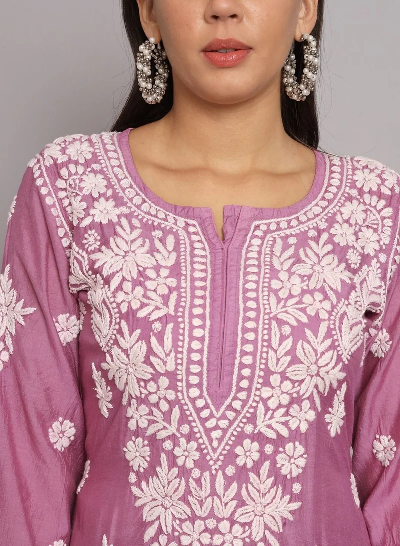 Alaya Hand Embroidered Chikan Chanderi Straight Kurta Palazzos-AL3671KS