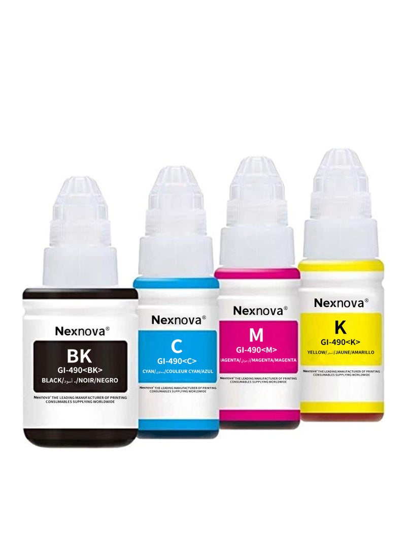 NexNova ink 490 for Canon Set (4-Pack Black Cyan Magenta Yellow) Ink for GI 490 for PIXMA G3400 G2400 G1400 G4400 G1411 G2411 G3411 G4411 G4410 G3410  - Image 1