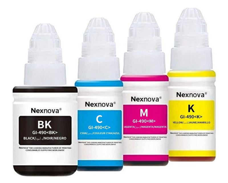 NexNova® ink gi 490 for Canon Set (4-Pack Black Cyan Magenta Yellow) Ink for GI 490 for PIXMA G3400 G2400 G1400 G4400 G1411 G2411 G3411 G4411 G4410 G3410 - Image 1