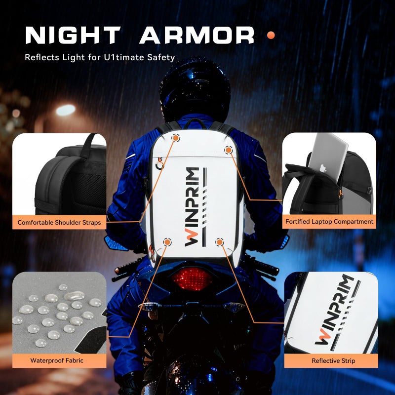 WINPRIM Motorcycle Helmet Backpack with Rain Cover, 40L Waterproof 1680D Oxford Fabric Helmet Backpack, Reflective Strips & Laptop Compartment for Long Distance Travel, Commuting, Work & Gym - Image 4