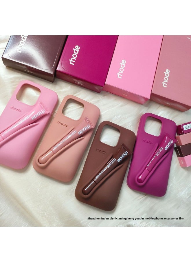 Autumn And Winter Haili Espresso Lip Gloss For Iphone16promax Phone Case Silicone For Apple Lipstick 15pro/14-Color:Gray Original Packaging + Raspberry Jelly Lipstick-Applicable Models:For Iphone14plus