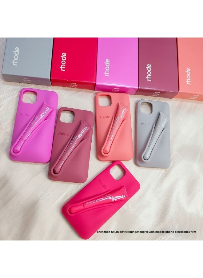 Autumn And Winter Haili Espresso Lip Gloss For Iphone16promax Phone Case Silicone For Apple Lipstick 15pro/14-Color:Gray Original Packaging + Raspberry Jelly Lipstick-Applicable Models:For Iphone14plus