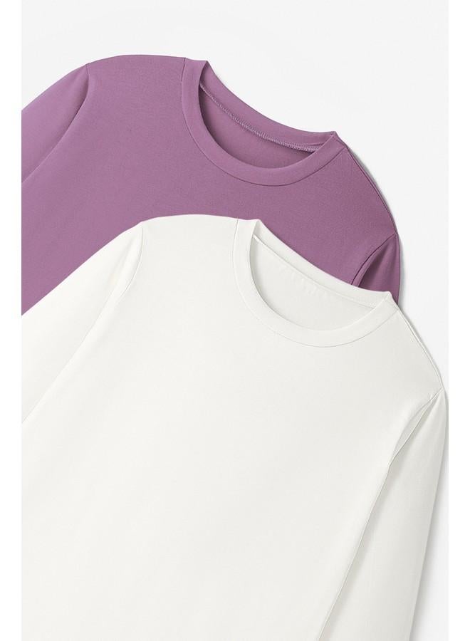 جون تيشيرتات قطنية سادة بأكمام طويلة للأطفال - عبوة من قطعتين - لون بيج وردي - Image 4