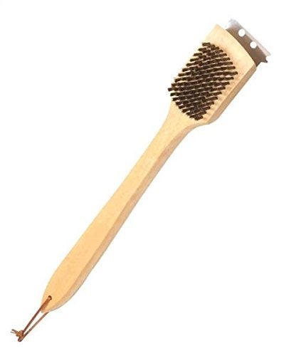 Rocky Mountain Radar Rocky Mountain Goods Wooden Handle Grill Brush with Scraper  Long Solid Wood Handle  Stainless Steel Bristles  Non Scratch BBQ Grill Brush  Works for All Grill Types  Leather Hang Loop