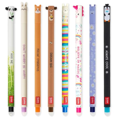 LEGAMI - Set of 8 Erasable Gel Pens with Thermosensitive Erase Ink, Range of ink colours & barrel designs, 0.7mm Tip, Panda, Bunny, Corgi, Teddy, Llama, Unicorn, Hippo, Penguin Designs - Image 1