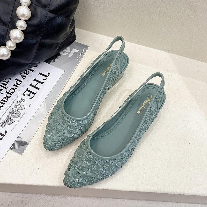 Summer sandals womens outdoor wedge fashionable closed toe versatile New pointed toe sandals jelly color beach sandals Green